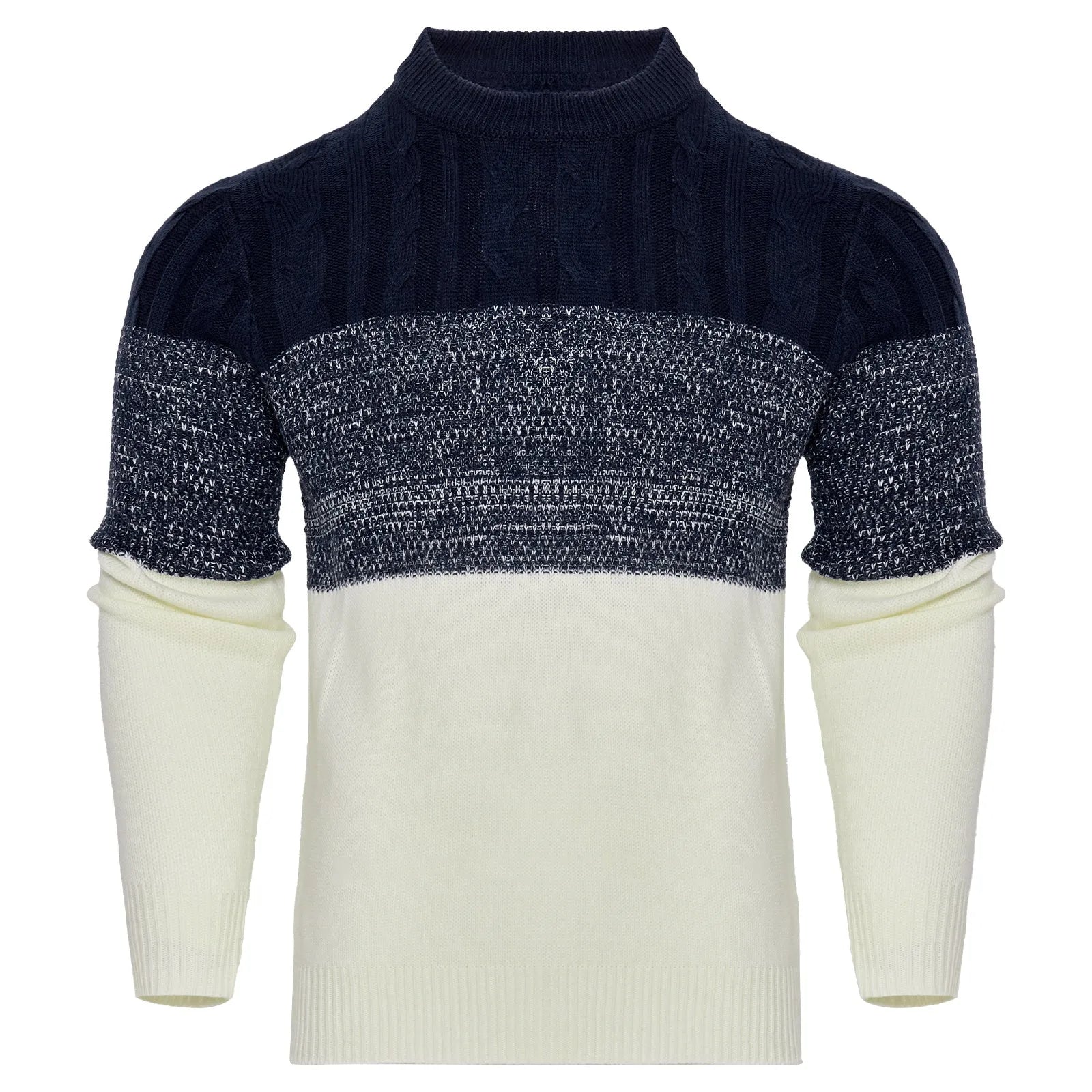 Men's knitted long-sleeved pullover sweater on a hanger, available in multiple sizes and styles.