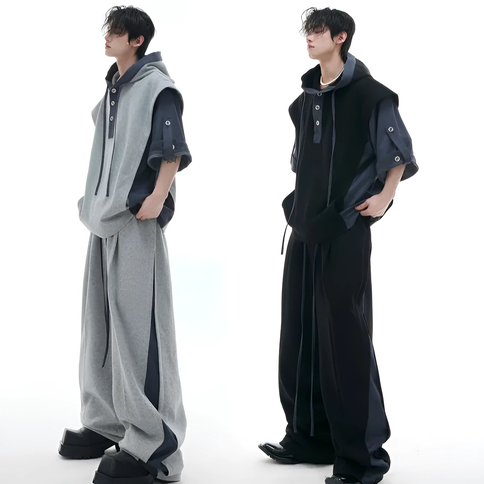 Men's black polyester hooded sports jacket with three-dimensional stitching and matching trousers