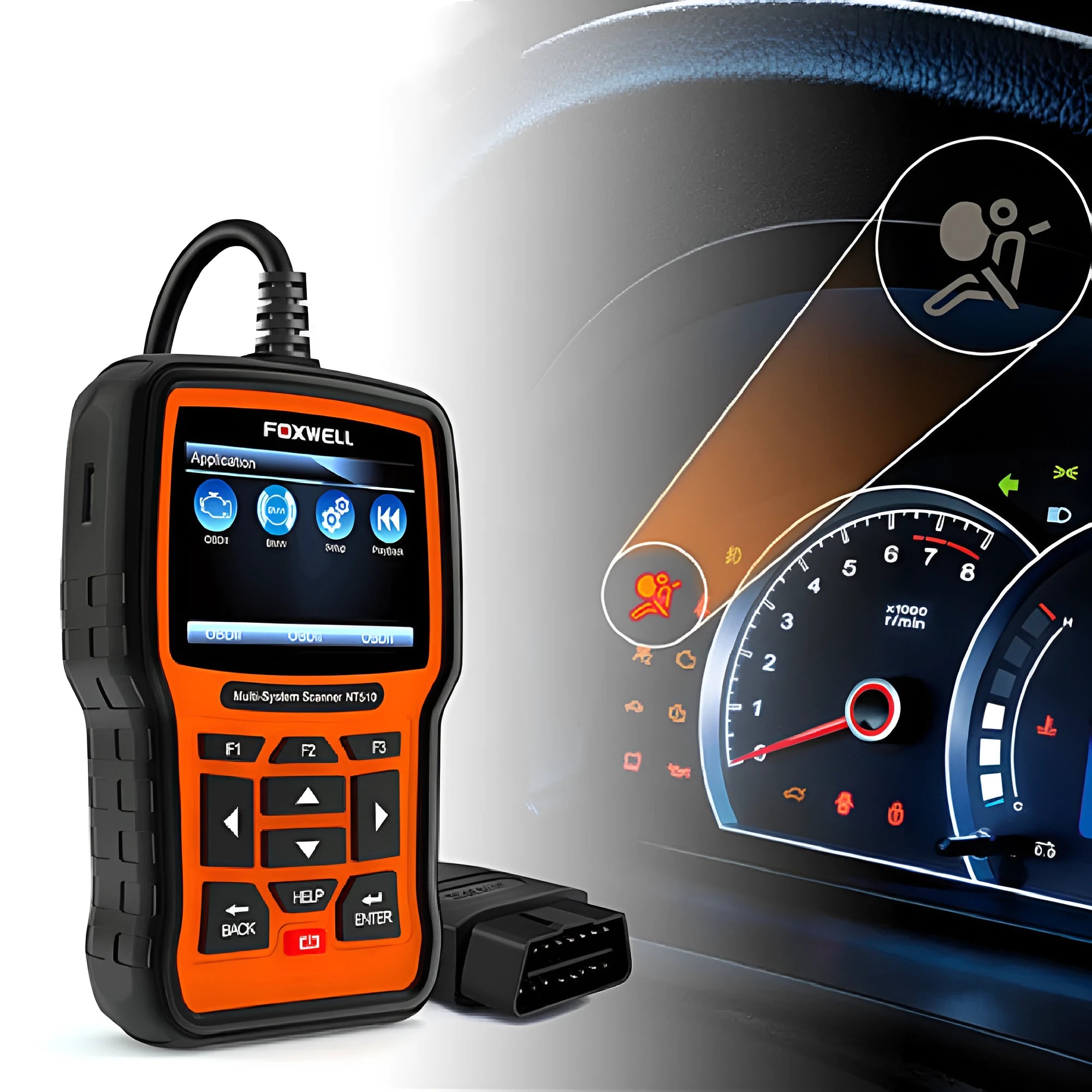 Foxwell NT510 orange and black automotive diagnostic scanner with data cable on a workshop bench.