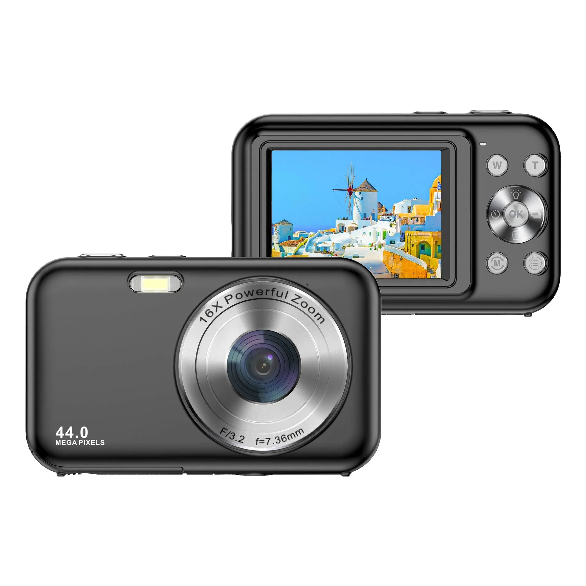 Colourful children's digital camera showing 2.4-inch screen, available in black, green, pink, and purple.