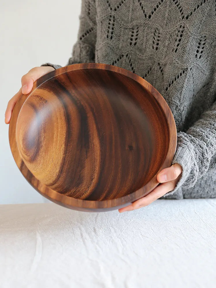 Brown wooden bowl handmade Japanese style with visible wood grain, available in multiple sizes from 8x6cm to 26x8cm.