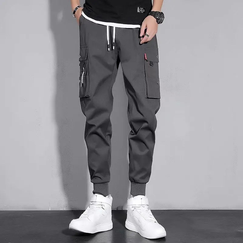 Men's ice silk casual overalls sports jumpsuit in black, dark grey, and light grey, sizes S to 5XL