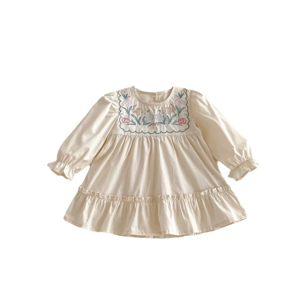 Girls' ruffled long sleeve flower embroidered princess dress in apricot colour on a child model