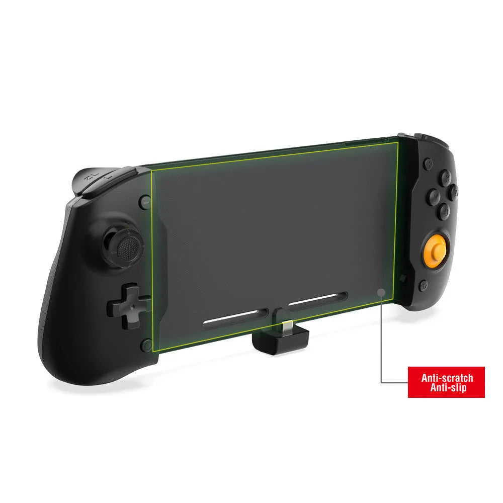 Black and white portable Nintendo Switch gamepad handle attached to console showing controls and Type-C port.