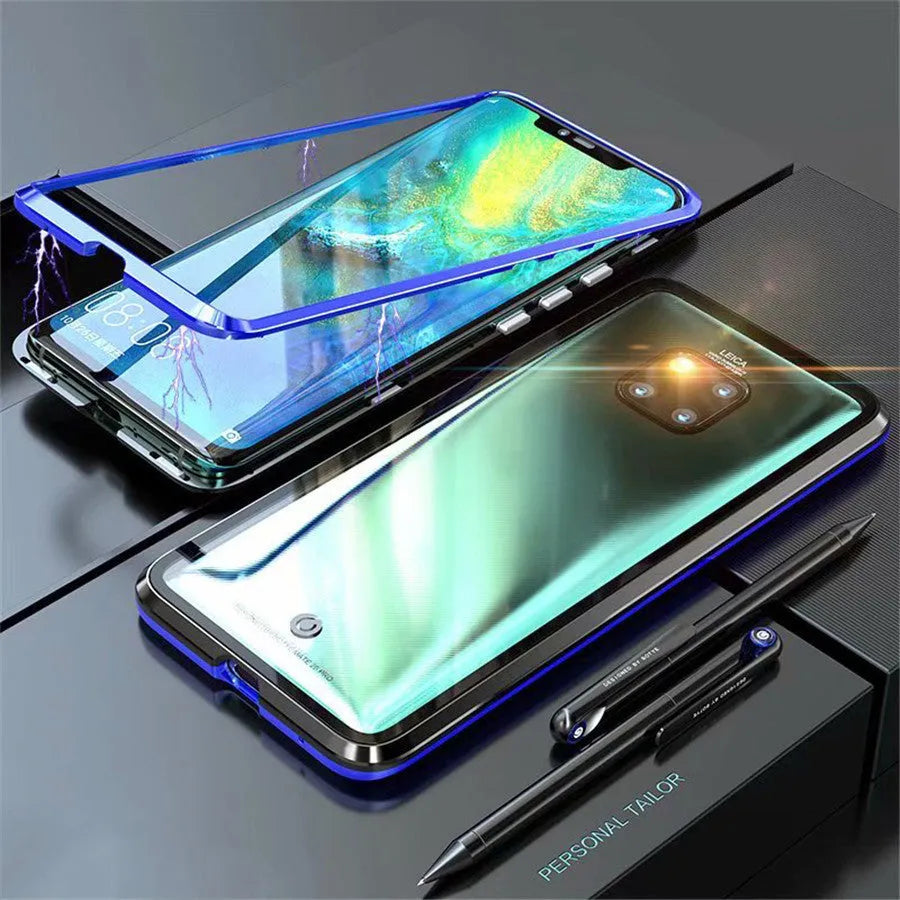 Black magnetic phone case with metal frame and glass back for Huawei smartphones.