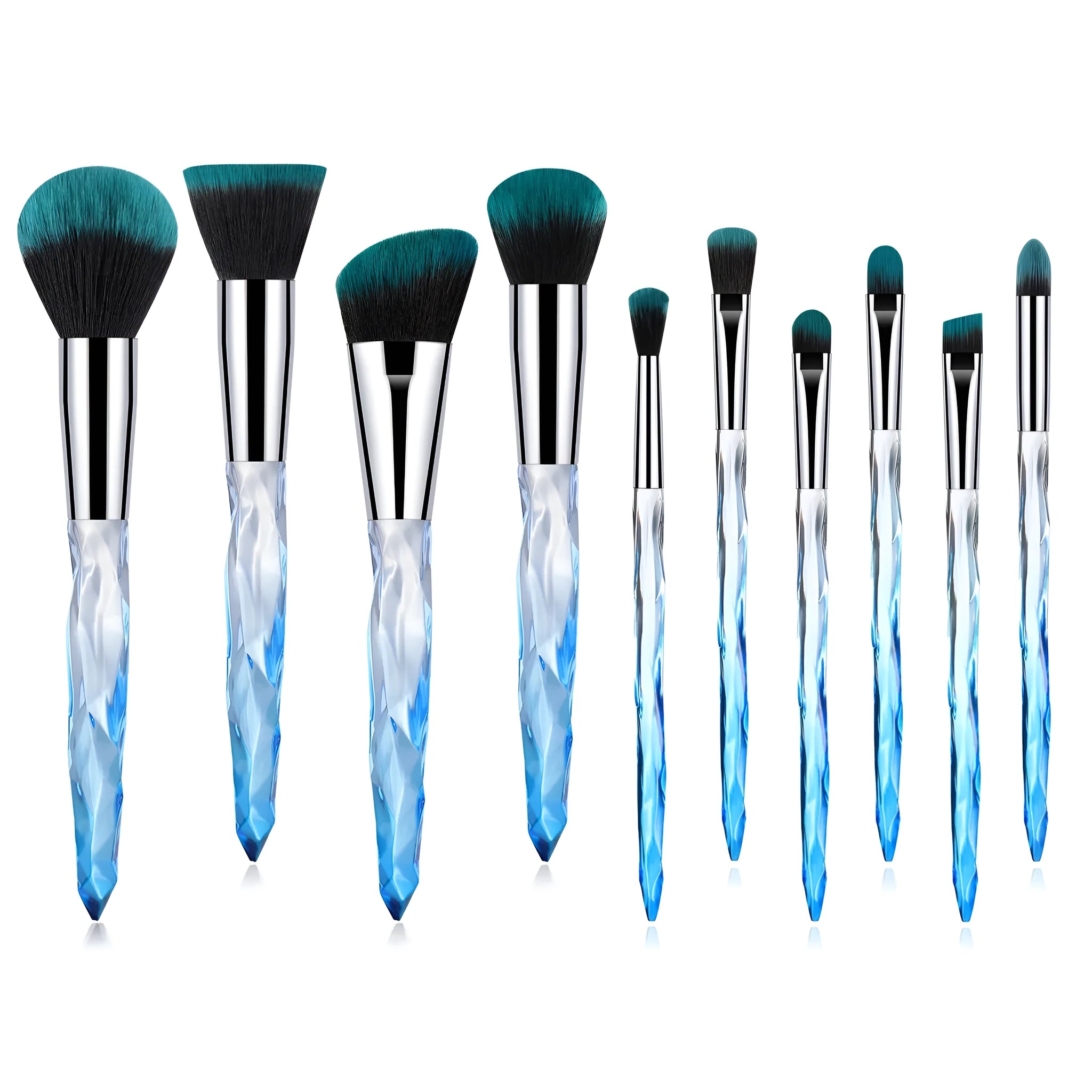10 crystal handle foundation brushes with artificial fibre bristles in black, blue, red, and yellow colours