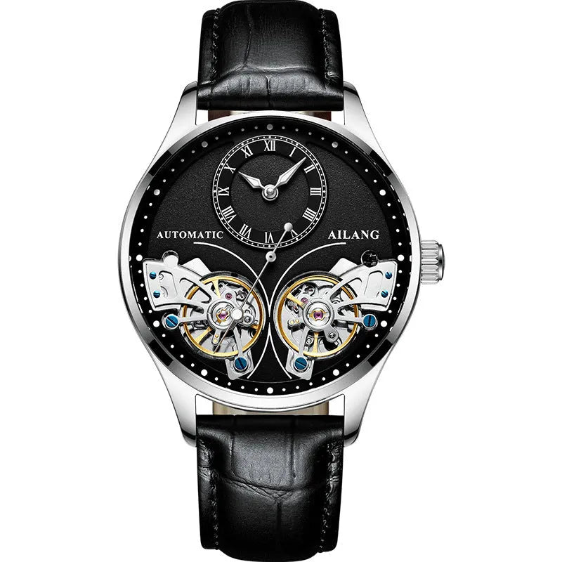 Men's automatic watch with tourbillon, moon phase, black steel case, and transparent back showing Seiko movement.