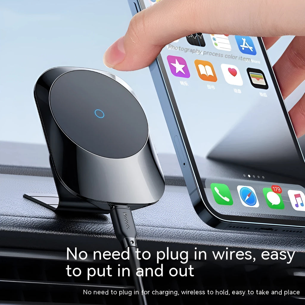 Black magnetic car wireless charger with air vent and dashboard mounting bases