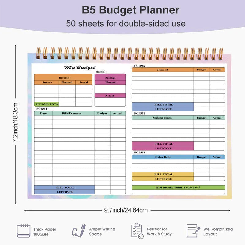 B5 budget tally notebook with a blue PP cover and spiral binding, open on a table.