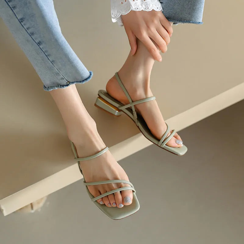 Flat strap open-toed Roman sandals for women in microfiber with square toe, shown in beige, green, or white.