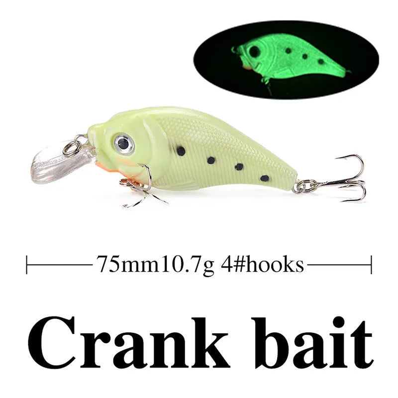 Set of five 3D fluorescent simulation hard bait fishing lures with luminous elements on a blue background.