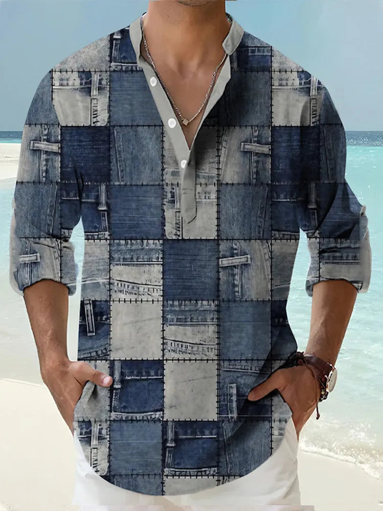 Man wearing a thin, striped long sleeve Hawaiian-style casual shirt in lilac.