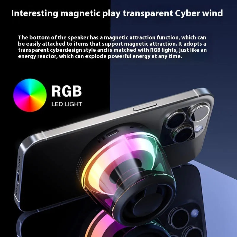Portable white Bluetooth speaker with magnetic base, mood light, and card slot on a desk.