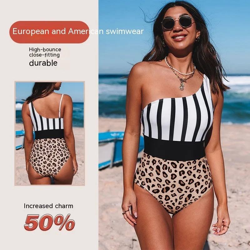 Women's leopard print one-piece swimsuit with asymmetric collar and high waist briefs