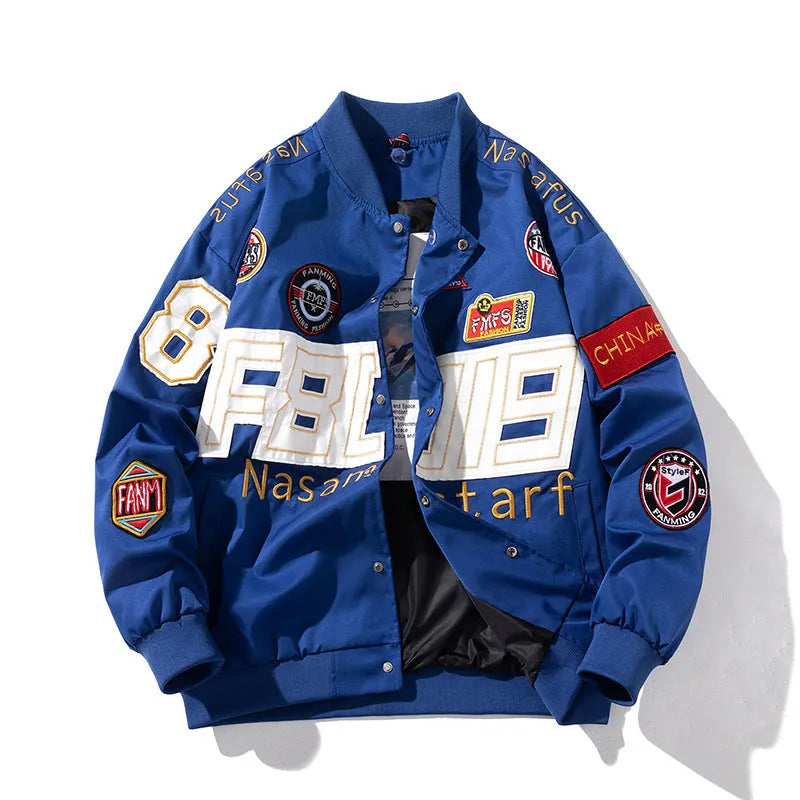 Black American Motorcycle Baseball Uniform jacket with removable hood, shown on a model.