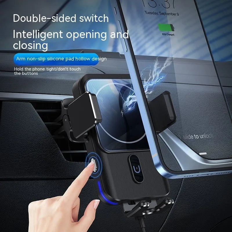 Car wireless charger mobile phone holder with 15W charging and two mounting options: clip style and suction cup