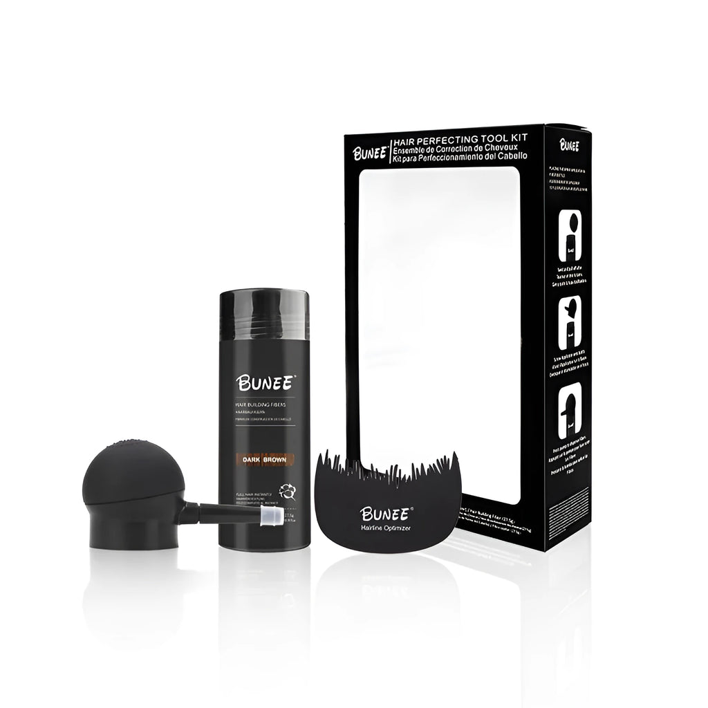 Hair fibre powder three-piece set showing powder container, spray applicator, and sealing spray in box