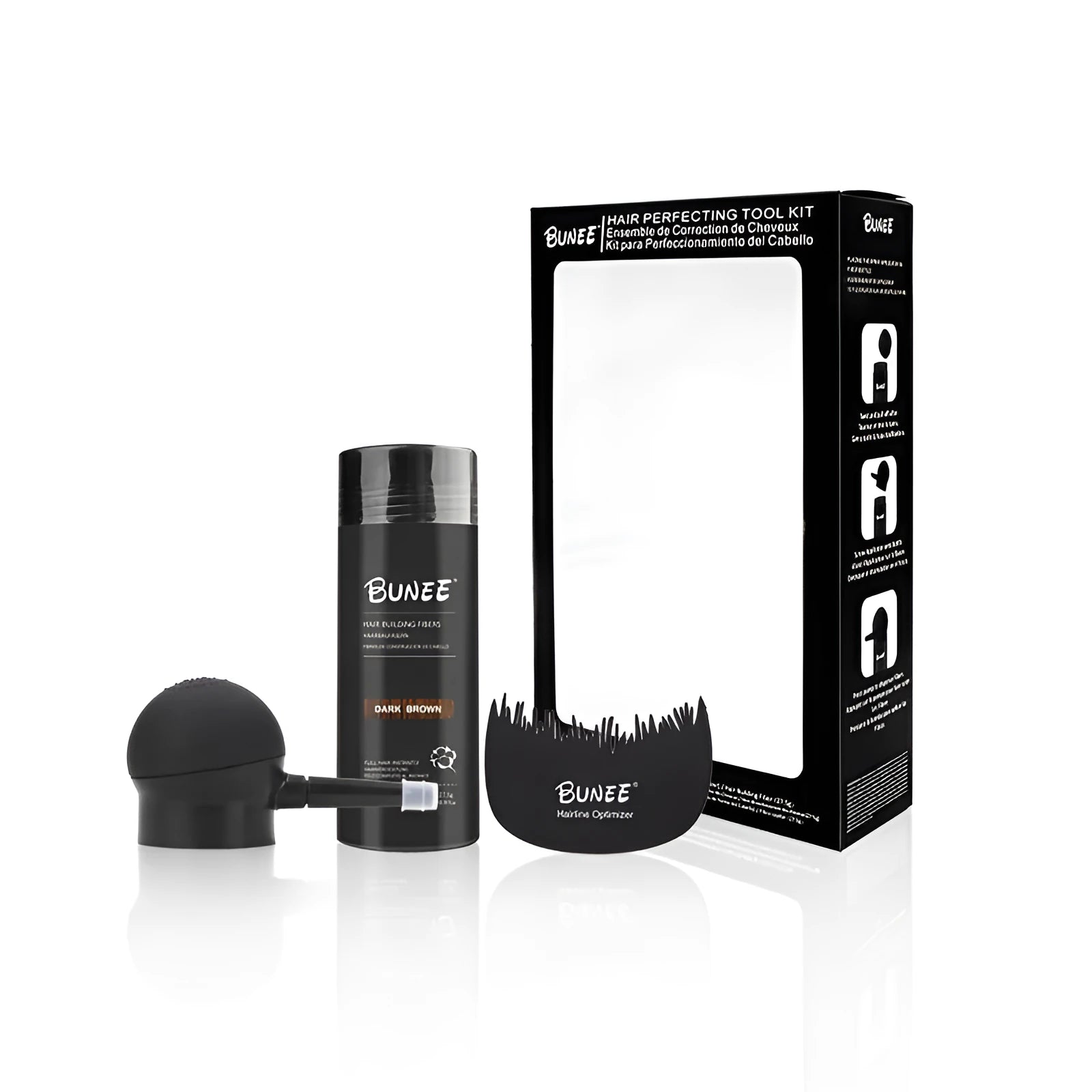 Hair fibre powder three-piece set showing powder container, spray applicator, and sealing spray in box