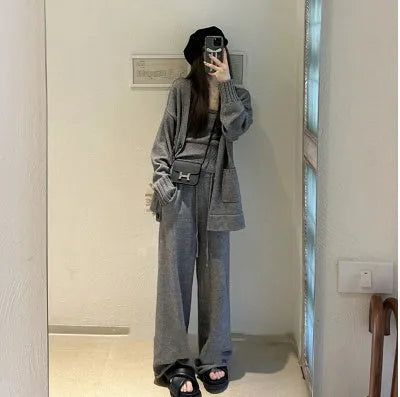 Women's wool blend cardigan suspender pants three-piece set in loose casual style