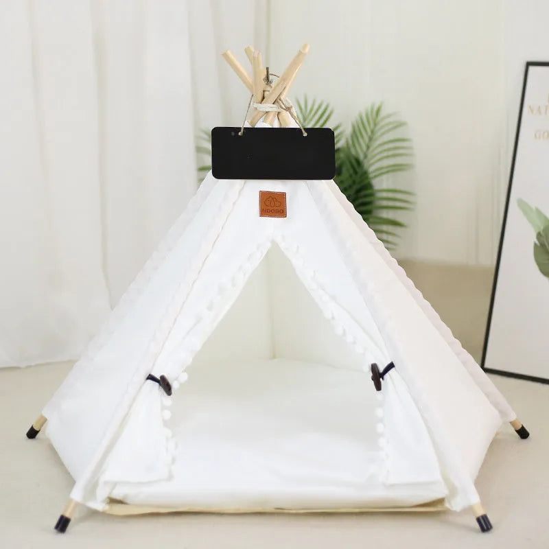 White and yellow striped pet teepee tent with cushion for small dogs or cats