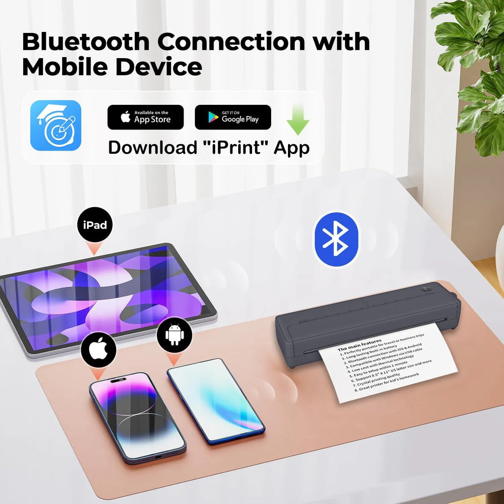 Black portable A4 printer with Bluetooth wireless connectivity for mobile phone printing