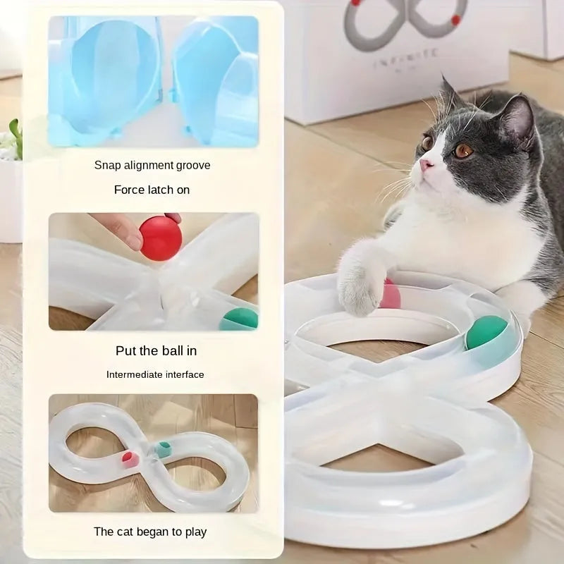 Cat toys set with rotating track ball turntable and teasing stick on white background