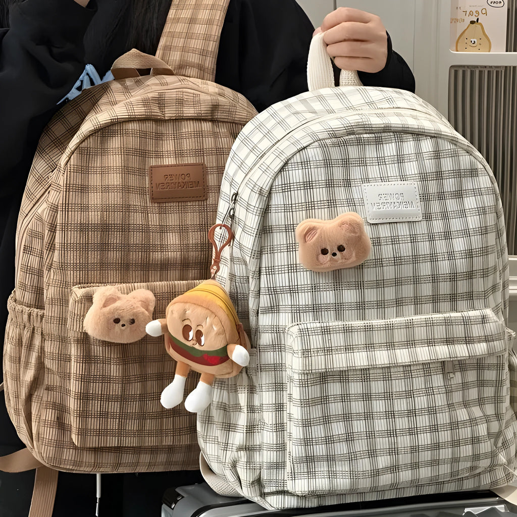 Corduroy checked backpack in khaki with computer pocket, 42x30x15cm, retro campus style