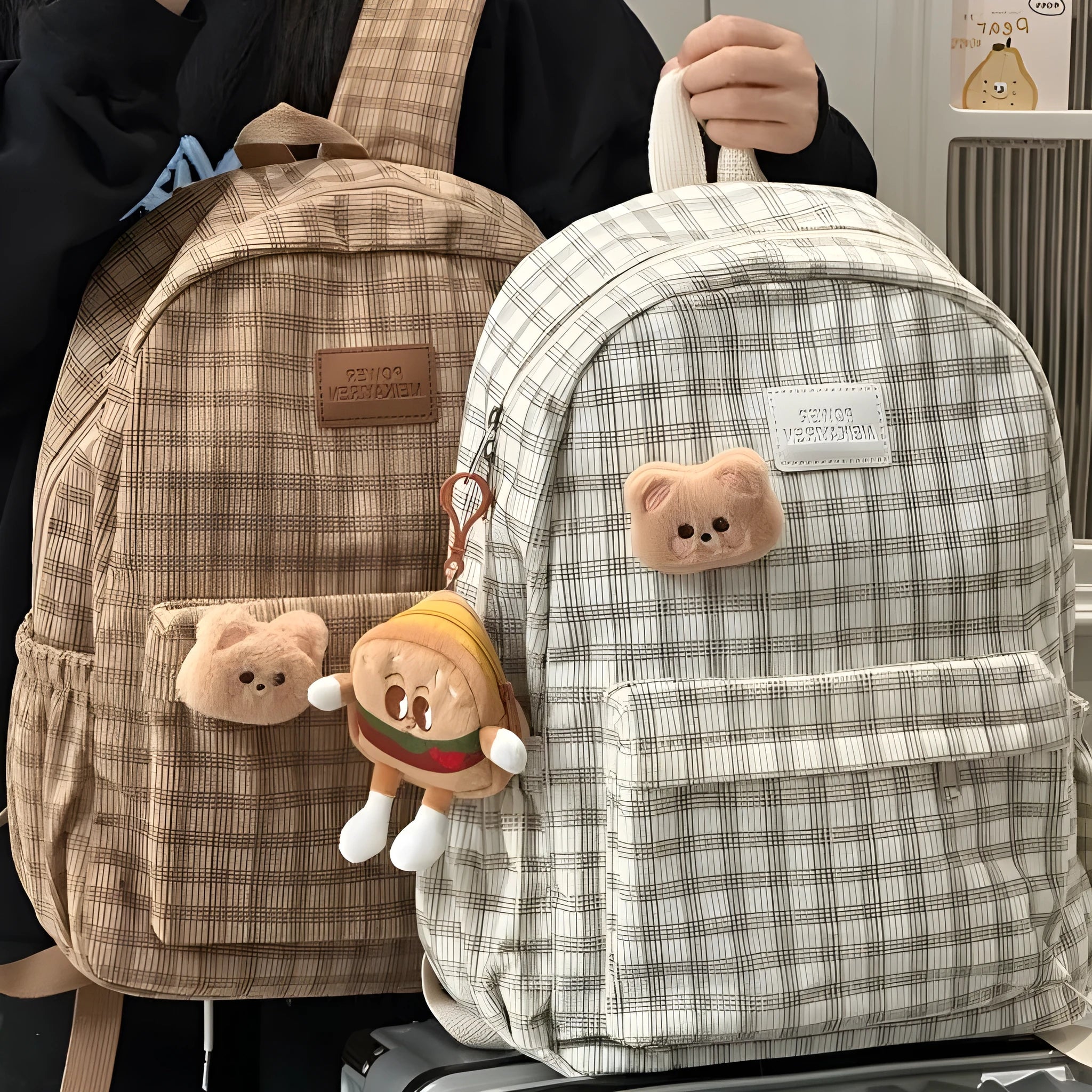 Corduroy checked backpack in khaki with computer pocket, 42x30x15cm, retro campus style