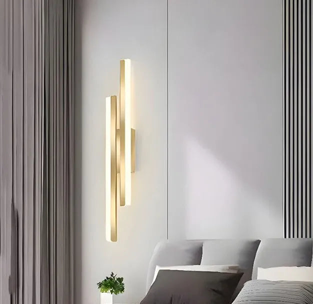 Gold double line wall lamp with modern design for staircase background lighting