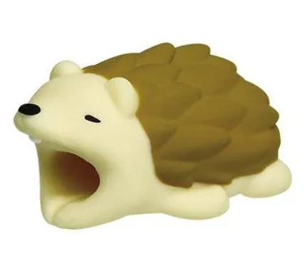 iPhone cable protector in an animal design, showing sleeve placed on charging cable near connector.