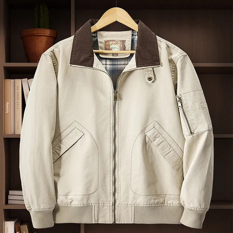 Men's plus size washed cotton baseball flight jacket in Army Green colour.