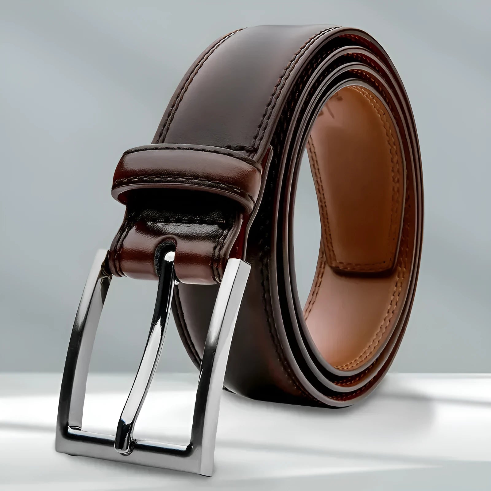 Men's brown genuine leather belt with 95-grain texture and a silver alloy buckle.