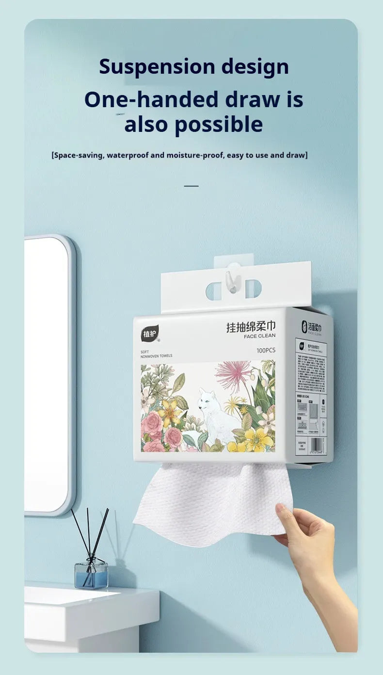 Disposable face cloth roll with hanging design and 100 sheets per pack
