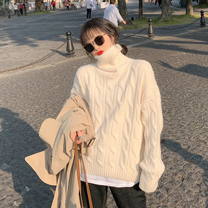 Twisted high-neck women's sweater in loose pullover style with long sleeves, polyester fabric, one size, seven colours available