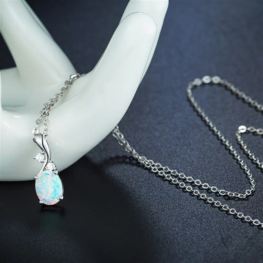 Water drop opal pendant necklace with adjustable O-chain in rose gold or white colour options