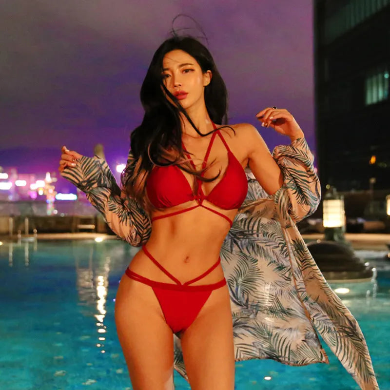 Nylon bikini swimsuit in black or red colours for swimming and wading activities.