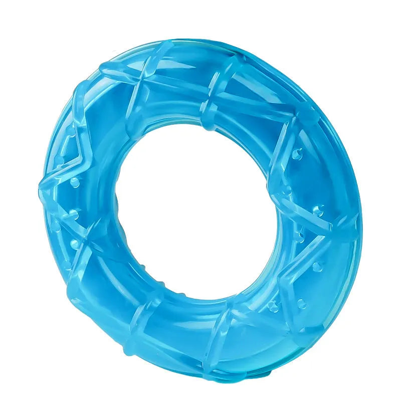 Set of three water-filled dog cooling toys in pacifier, popsicle and ring shapes