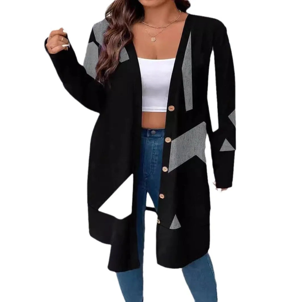 Black loose fit plus size cardigan with button front and printed stitching detail