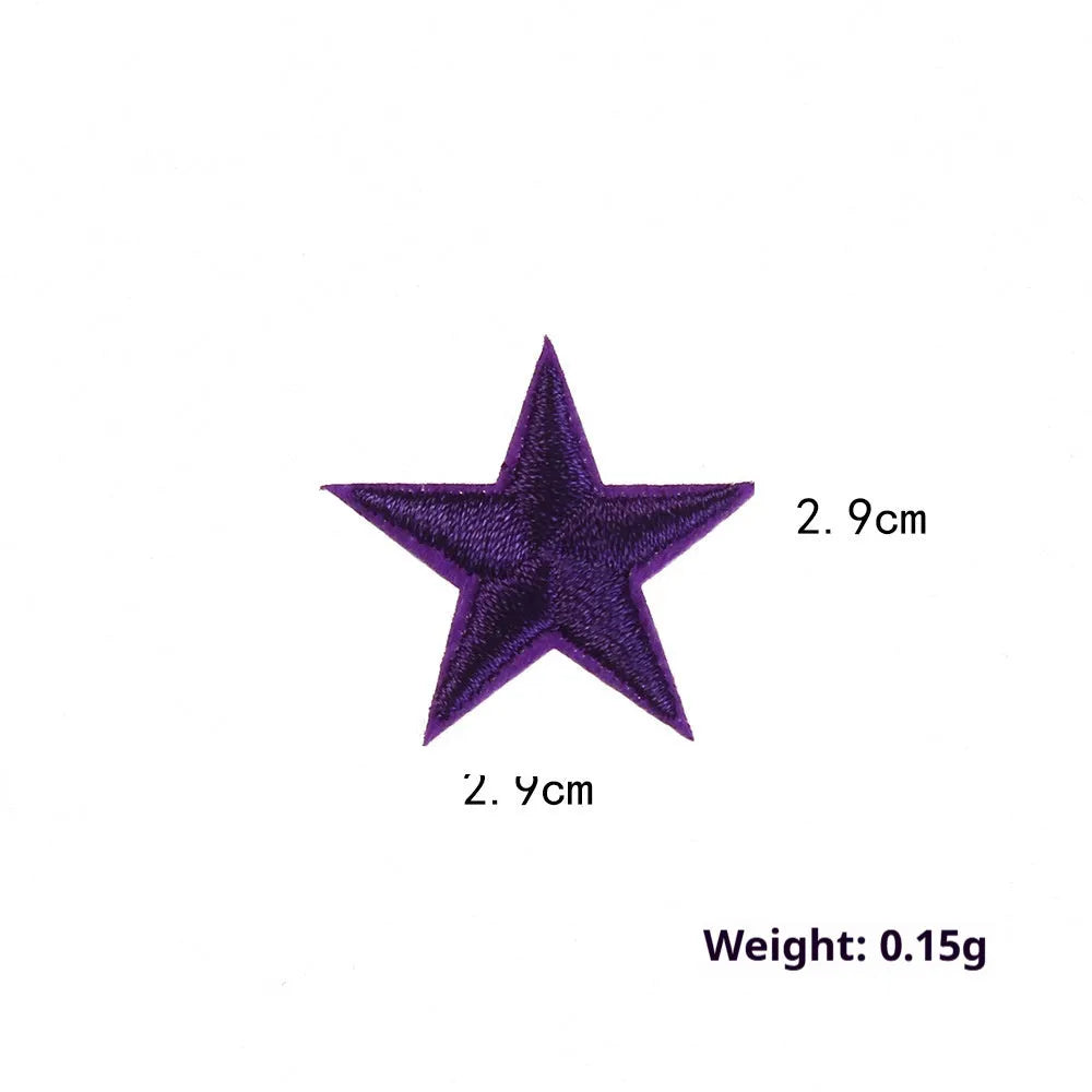 Colourful five-pointed star cloth embroidery stickers for DIY clothing decoration on a fabric background.