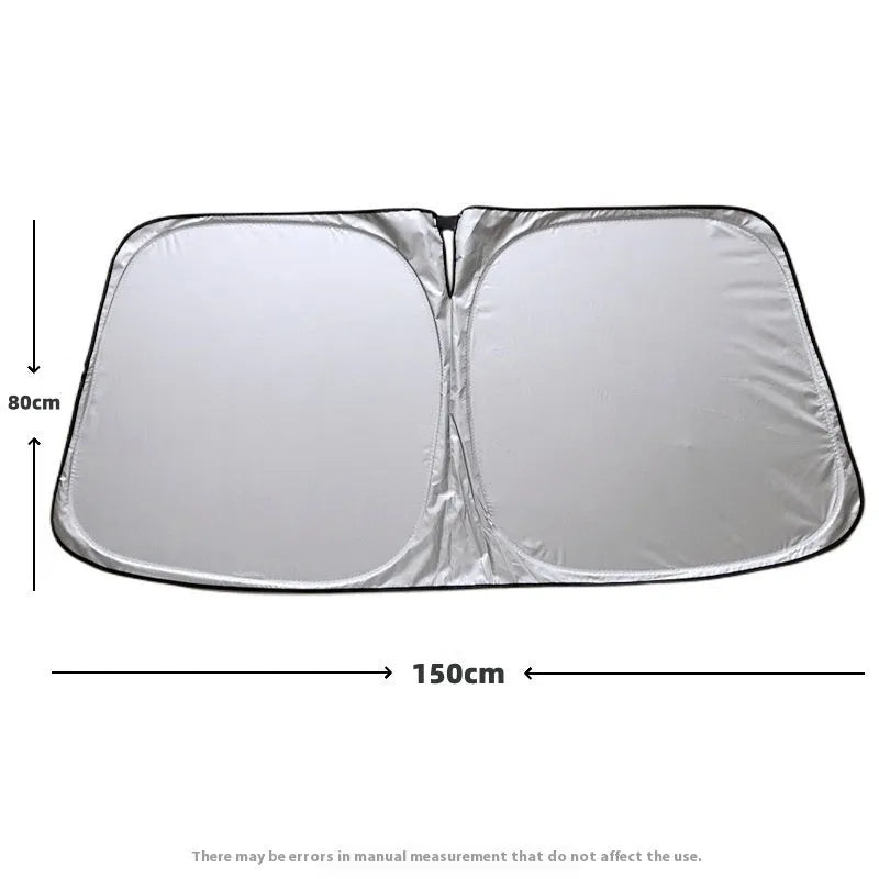 Titanium silver aluminium foil car sunshade folded, showing reflective surface and size options for windscreen protection.