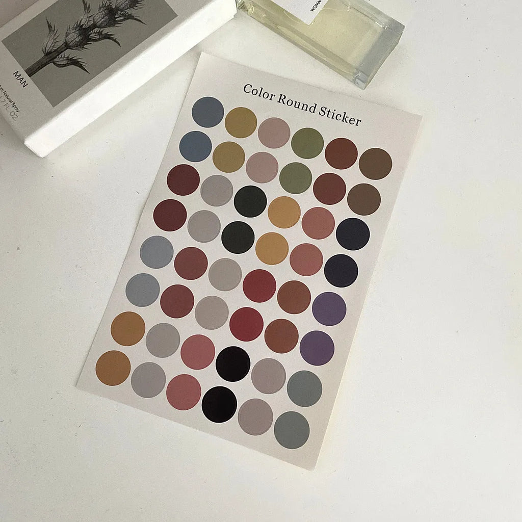 Morandi earth colour polka dot hand account seal sticker sheet with 48 individual 2cm circles.