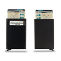 Frosted metal slim credit card wallet in aluminium alloy showing colour options.