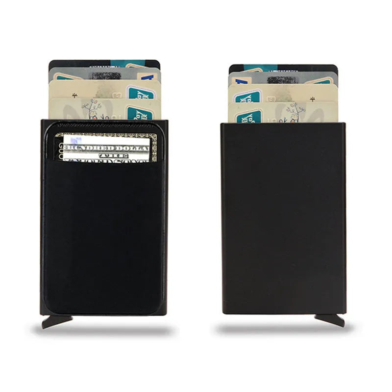 Frosted metal slim credit card wallet in aluminium alloy showing colour options.