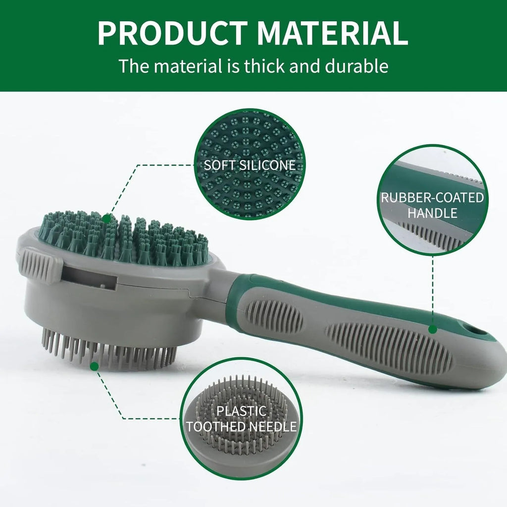 Green and pink 2-in-1 silicone cat hair brush with retractable slicker and massage pins for pet grooming
