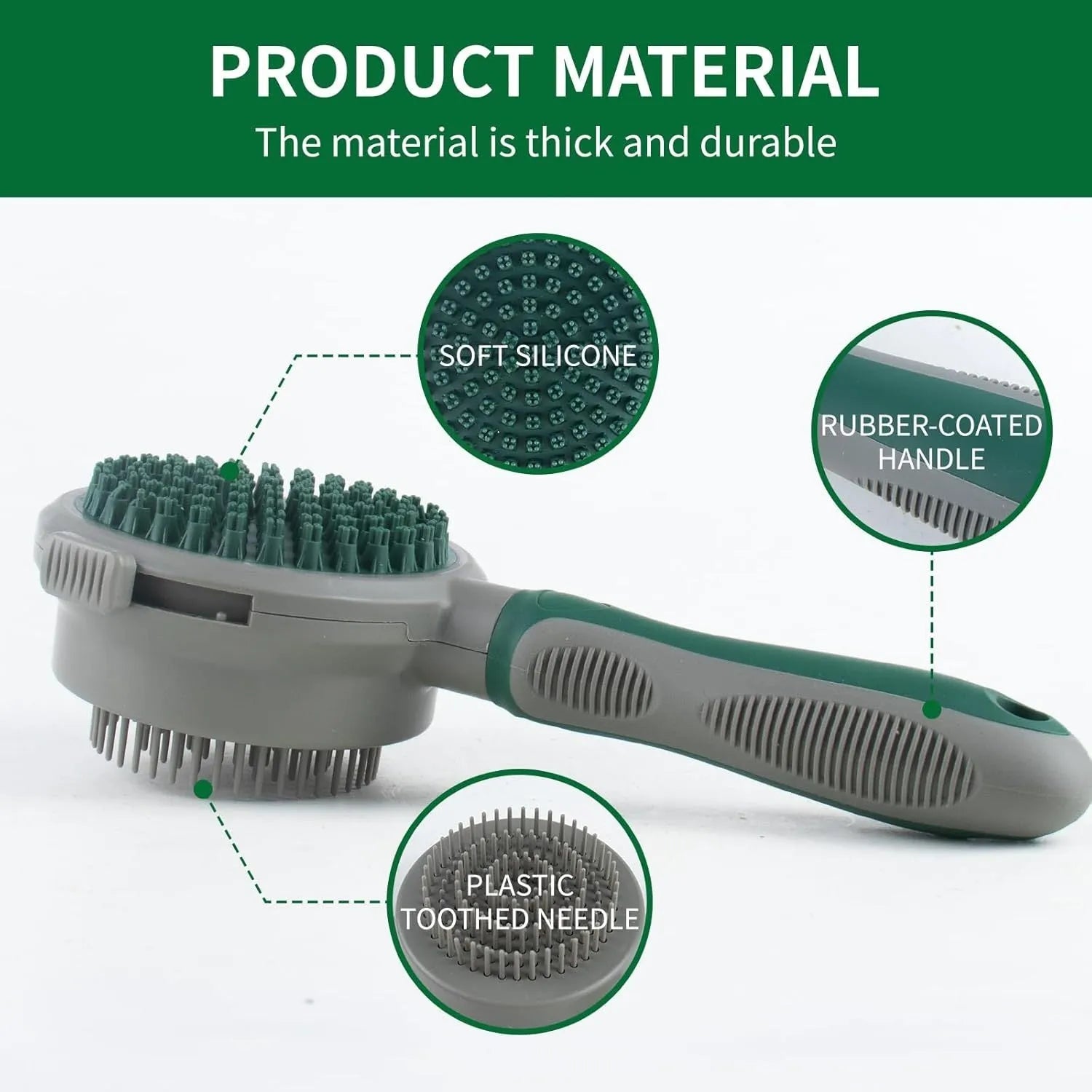 Green and pink 2-in-1 silicone cat hair brush with retractable slicker and massage pins for pet grooming