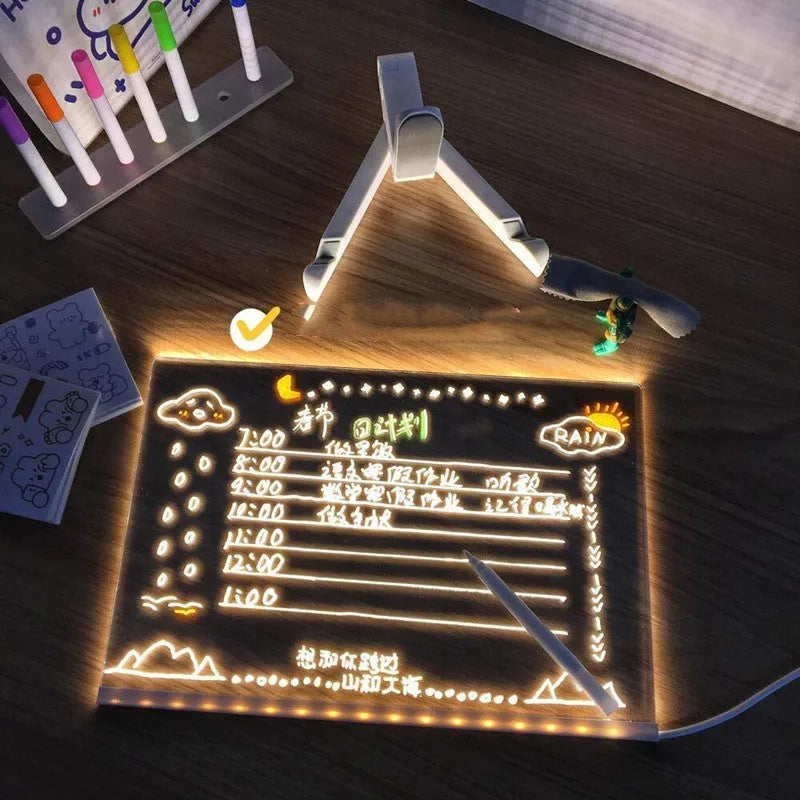 DIY transparent acrylic LED message board desk lamp with handwritten note and soft blue glow