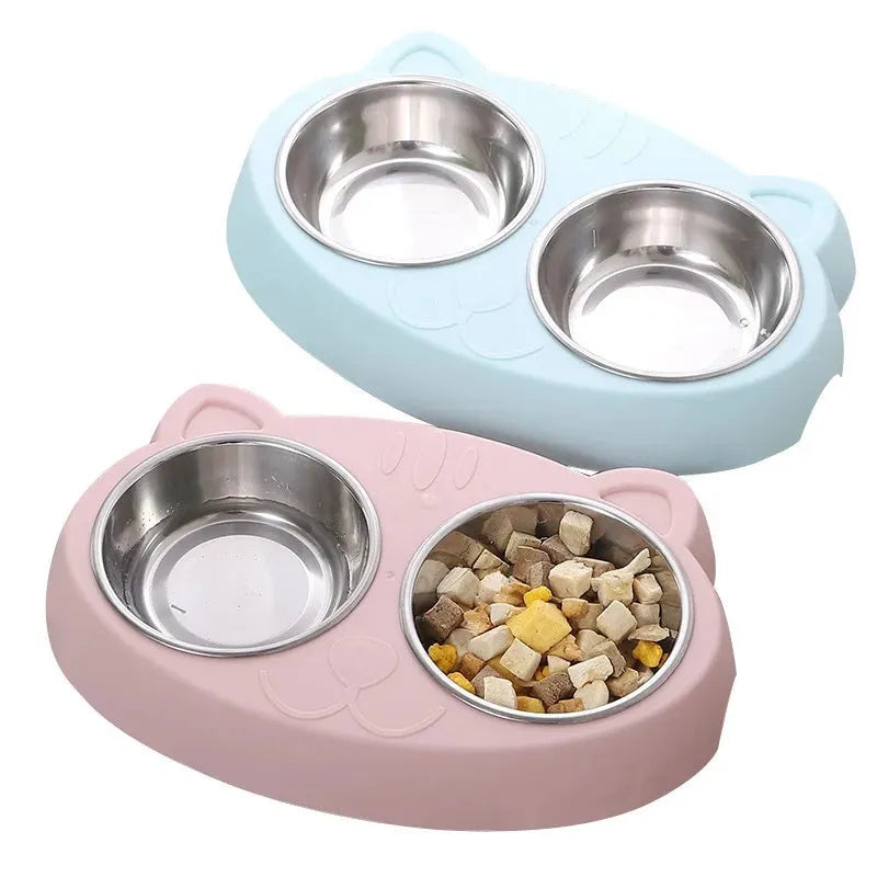 Blue macaron-shaped plastic pet feeder with two bowls and adjustable height legs