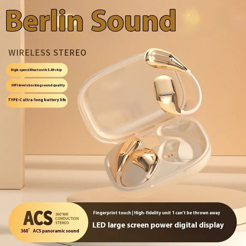 Open wireless Bluetooth headset in black with ear-mounted design and digital display screen