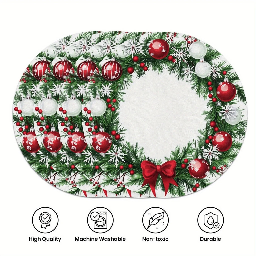 Round Christmas placemat with holly berries snowflake and bow design 38cm polyester American style