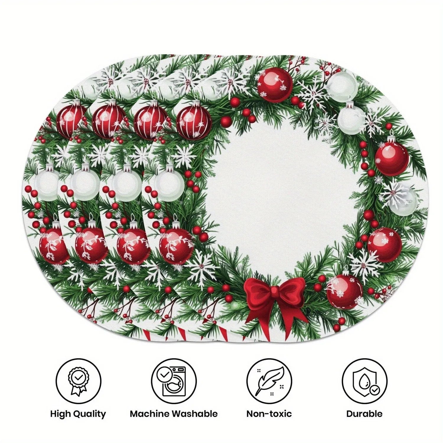 Round Christmas placemat with holly berries snowflake and bow design 38cm polyester American style